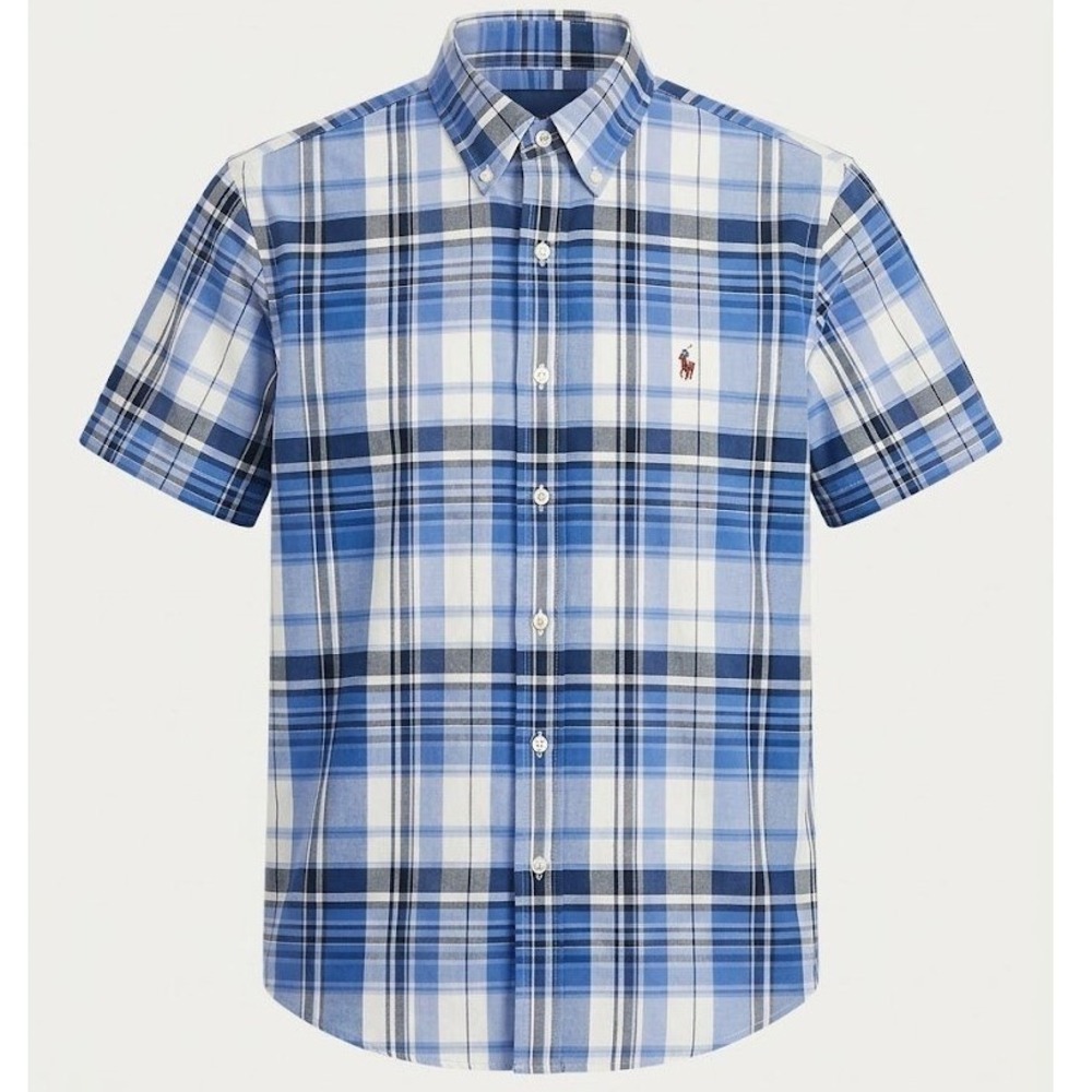 Ralph Lauren Classic Fit Short Sleeve Plaid Button Down Shirt Blue White Large